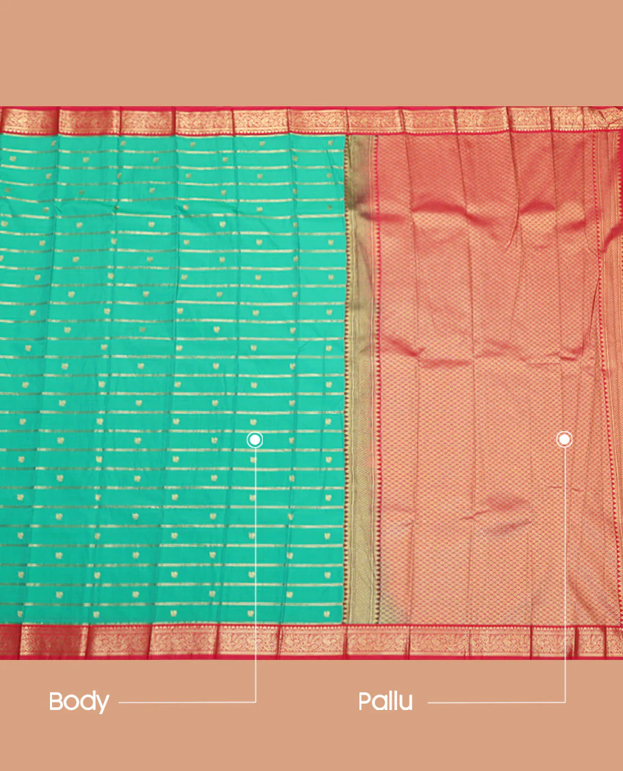 Green Budget Silk Saree, Ornamented with Peacock Buttas and Zari Stripes on Its Body, Complemented by a Contrast Traditional Zari Design Border, Grand Jaal Pallu, and Paired with a Contrast Blouse - Image 3