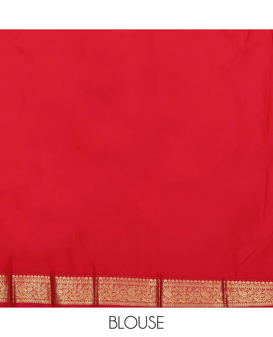 Green Budget Silk Saree, Ornamented with Peacock Buttas and Zari Stripes on Its Body, Complemented by a Contrast Traditional Zari Design Border, Grand Jaal Pallu, and Paired with a Contrast Blouse - Image 4