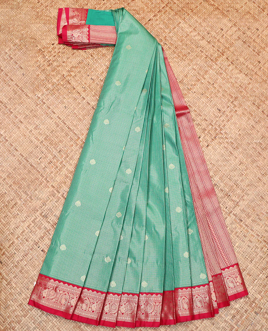 Green Budget Silk Saree, Ornamented with Zari Buttas and Micro-Checks, Complemented by a Contrast Traditional Zari Border, Geometric-Patterned Pallu, and a Contrast Blouse - Image 2