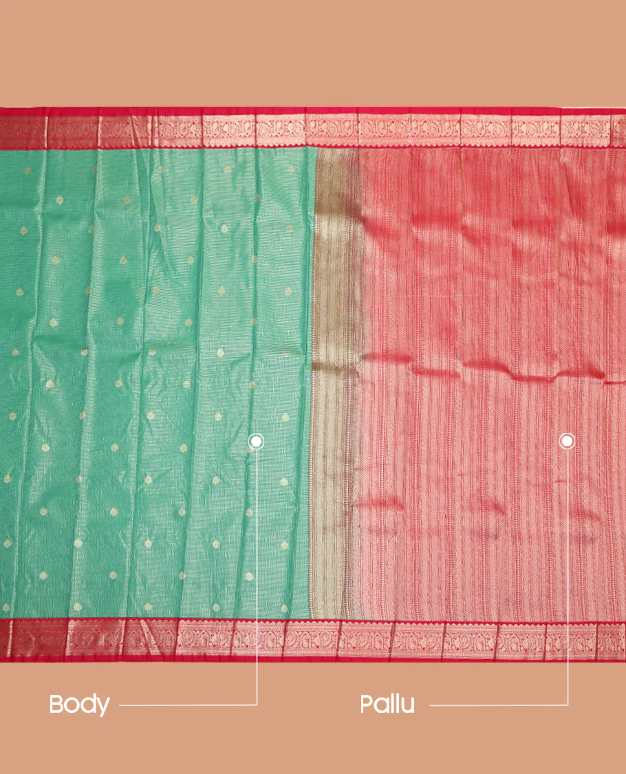 Green Budget Silk Saree, Ornamented with Zari Buttas and Micro-Checks, Complemented by a Contrast Traditional Zari Border, Geometric-Patterned Pallu, and a Contrast Blouse - Image 3