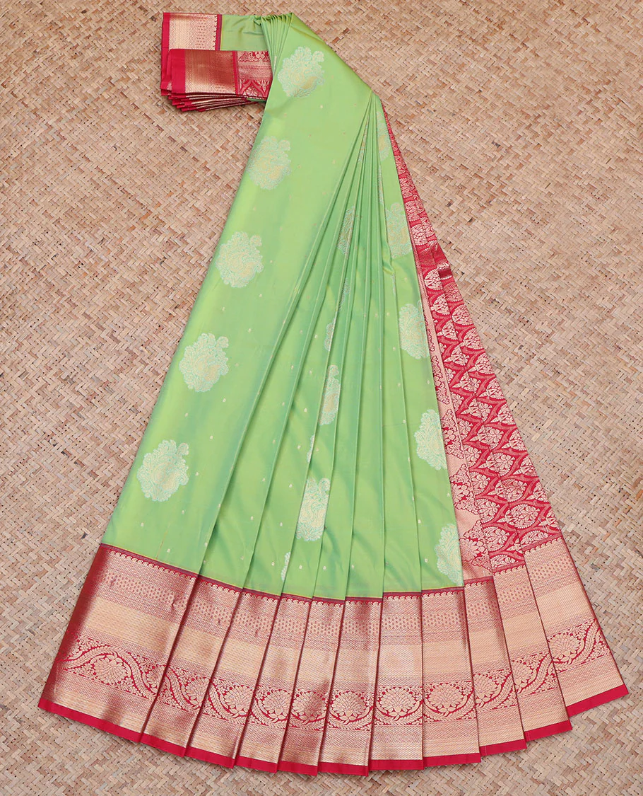 Green Budget Silk Saree, Prettified with Zari Buttas All Over Its Body, Complemented by a Contrast Traditional Zari Border of Floral Creeper Designs, Pallu of Ogee Patterns, and Paired with a Contrast Blouse - Image 2