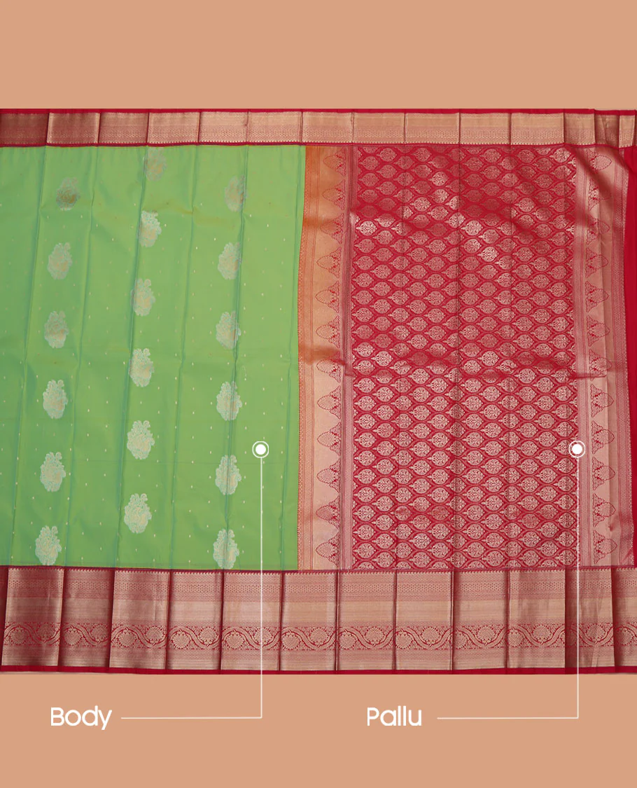 Green Budget Silk Saree, Prettified with Zari Buttas All Over Its Body, Complemented by a Contrast Traditional Zari Border of Floral Creeper Designs, Pallu of Ogee Patterns, and Paired with a Contrast Blouse - Image 3