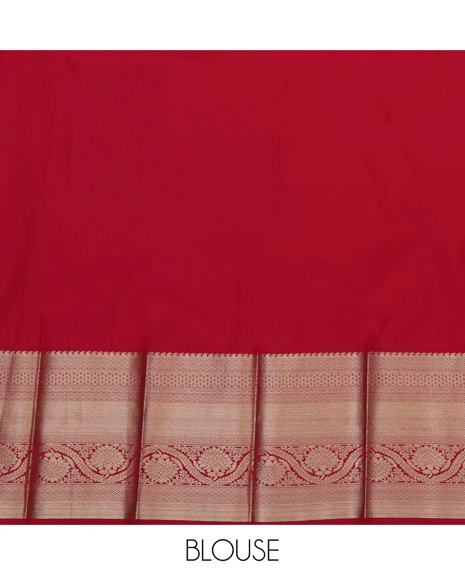 Green Budget Silk Saree, Prettified with Zari Buttas All Over Its Body, Complemented by a Contrast Traditional Zari Border of Floral Creeper Designs, Pallu of Ogee Patterns, and Paired with a Contrast Blouse - Image 4