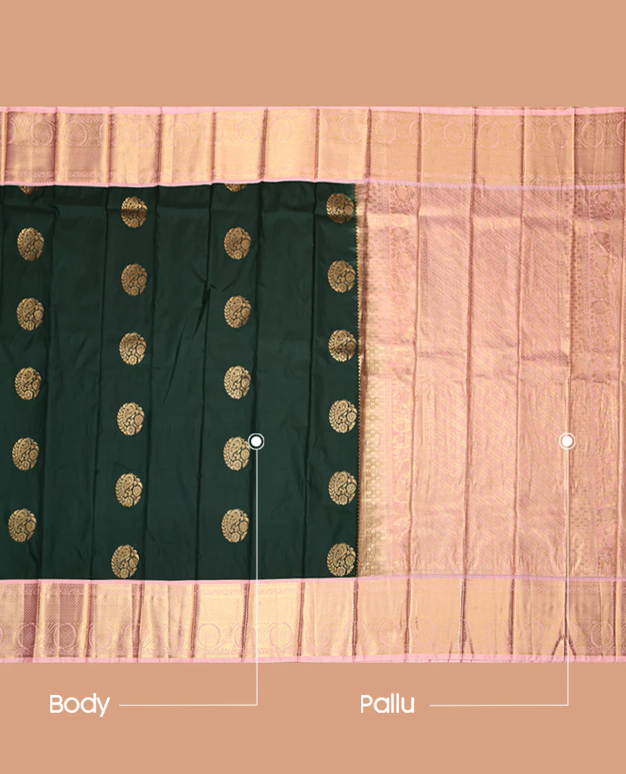 Green Budget Silk Saree, Prettified with Zari Buttas, Contrast Traditional Zari Border, Grand Pallu, and a Contrast Blouse - Image 3