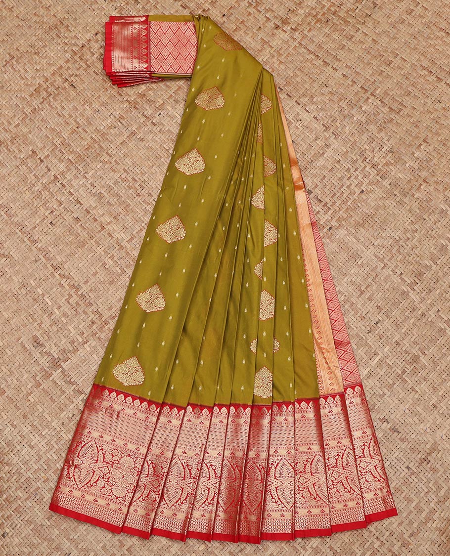 Green Budget Silk Saree, Prettified with Zari Buttas on Its Body, Complemented by a Contrast Traditional Zari Border, Grand Jaal Pallu, and Paired with a Contrast Blouse - Image 2