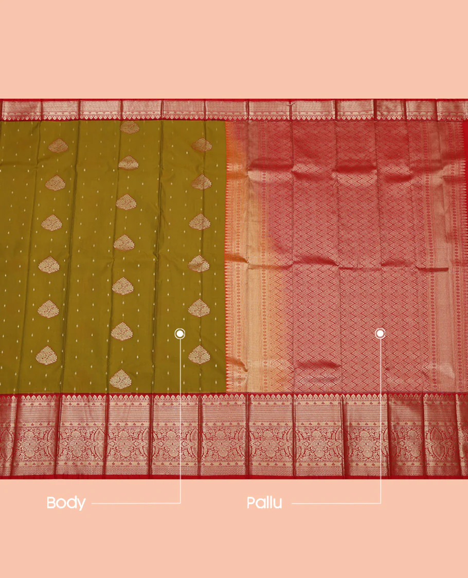 Green Budget Silk Saree, Prettified with Zari Buttas on Its Body, Complemented by a Contrast Traditional Zari Border, Grand Jaal Pallu, and Paired with a Contrast Blouse - Image 3