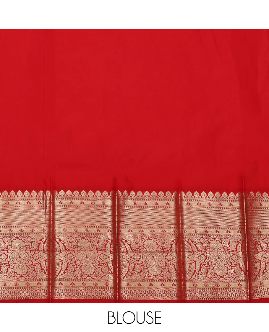 Green Budget Silk Saree, Prettified with Zari Buttas on Its Body, Complemented by a Contrast Traditional Zari Border, Grand Jaal Pallu, and Paired with a Contrast Blouse - Image 4