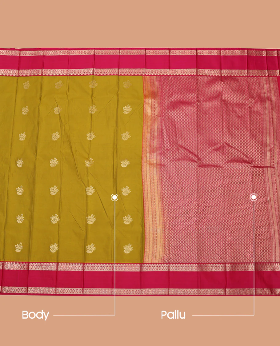 Green Budget Silk Saree, Prettified with Zari Buttas on Its Body, Complemented by a Contrast Traditional Zari Design Rettai Pettu Border, Pallu of Jaal Designs, and Paired with a Contrast Blouse - Image 3
