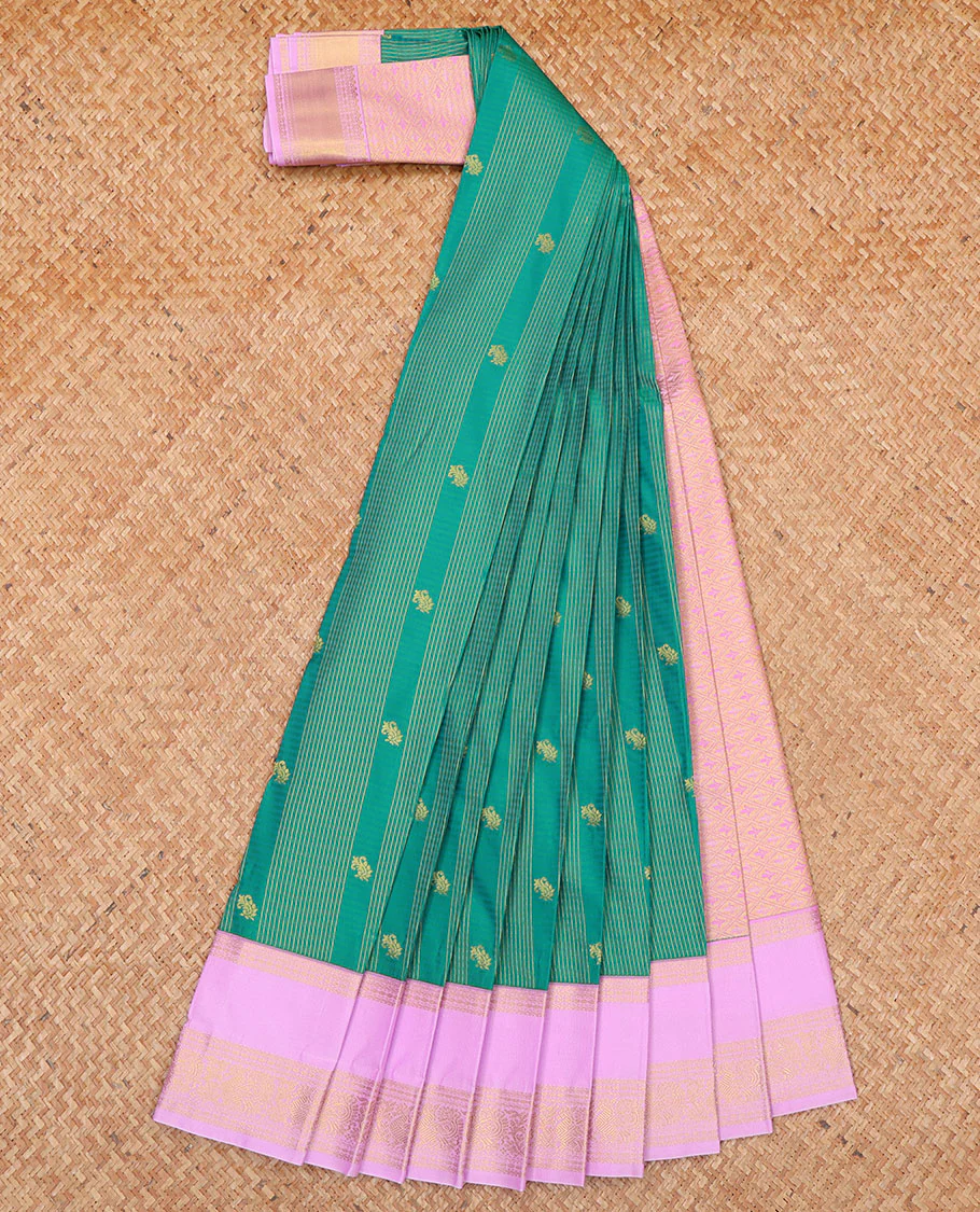 Green Budget Silk Saree, Richly Detailed with Zari Buttas and Stripes All Over Its Body, Complemented by a Contrast Traditional Zari Design Rettai Pettu Border, Opulently Embellished Pallu, and Paired with a Contrast Blouse - Image 2