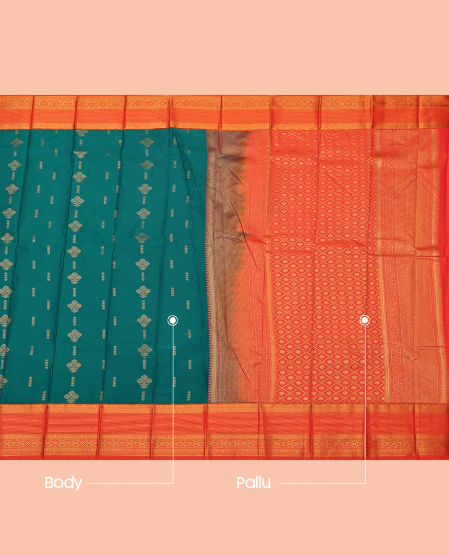 Green Budget Silk Saree, Showcasing Zari Buttas All Over Its Body, Complemented by a Contrast Traditional Zari Design Border, Grand Jaal Pallu, and Paired with a Contrast Blouse - Image 3