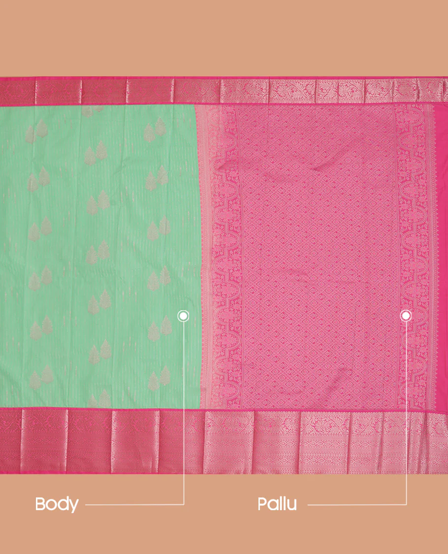 Green Budget Silk Saree Sparsely Sparkled with Tree Buttas and Stripes All Over Its Body, Complemented by a Contrast Border of Traditional Zari Designs, Pallu Gleamed Up with Jaal Designs, and Paired with a Contrast Blouse - Image 3