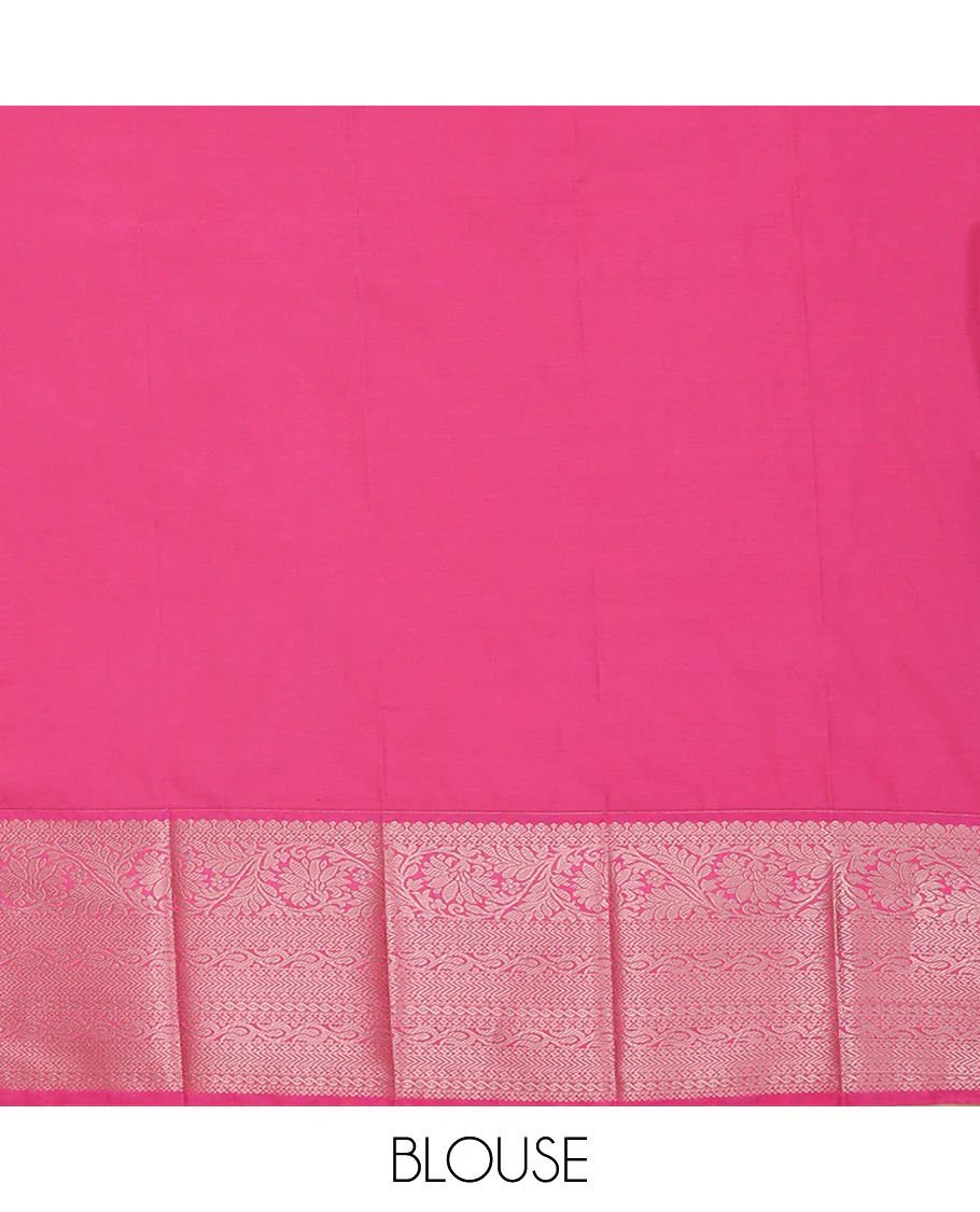 Green Budget Silk Saree Sparsely Sparkled with Tree Buttas and Stripes All Over Its Body, Complemented by a Contrast Border of Traditional Zari Designs, Pallu Gleamed Up with Jaal Designs, and Paired with a Contrast Blouse - Image 4