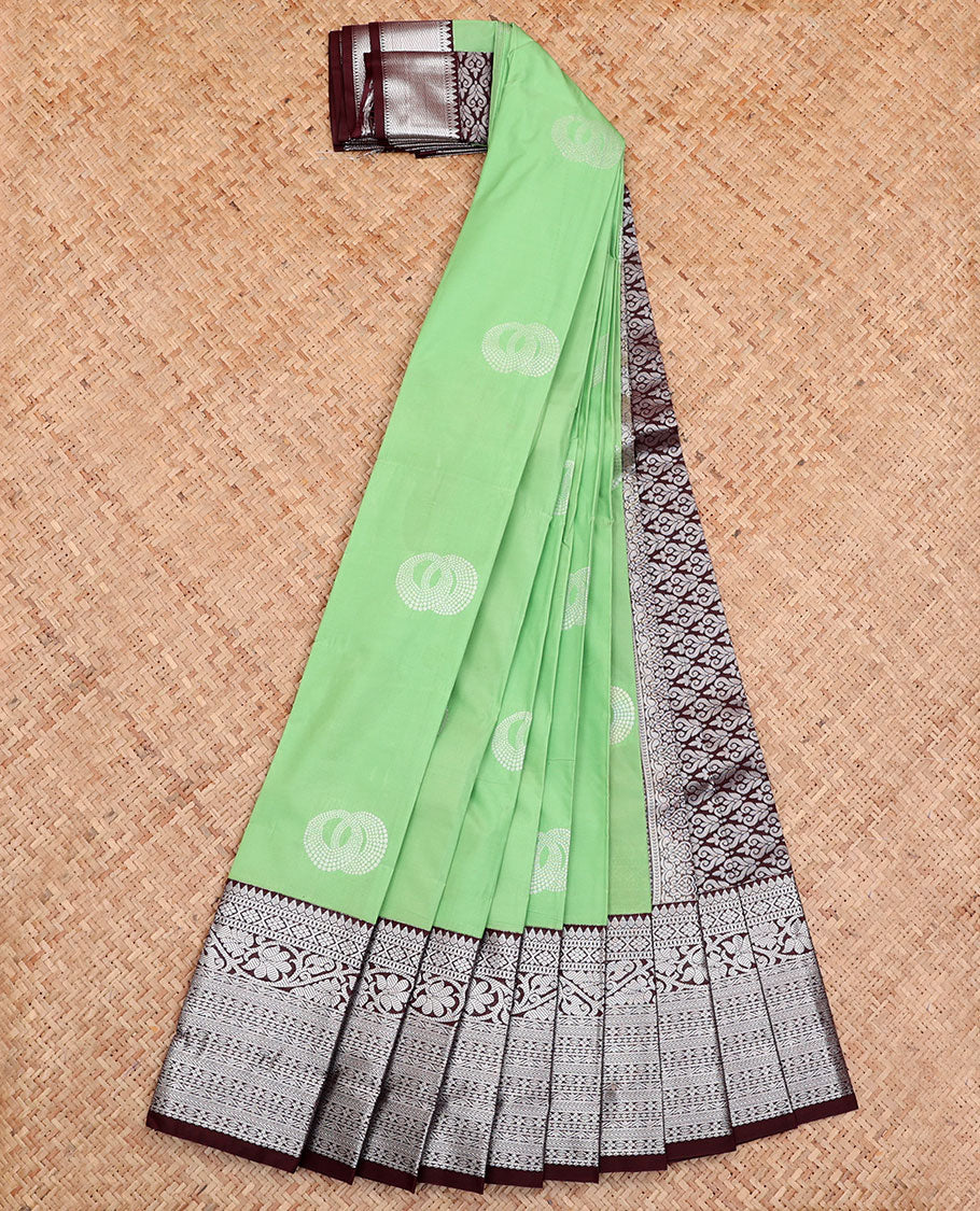 Green Budget Silk Saree, Sparsely Threaded with Buttas All Over Its Body, Complemented by a Contrast Traditional Zari Design Border, Grand Pallu, and Paired with a Contrast Blouse - Image 2
