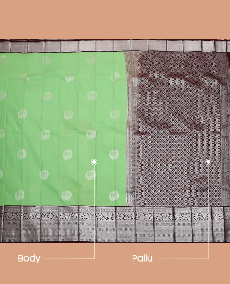 Green Budget Silk Saree, Sparsely Threaded with Buttas All Over Its Body, Complemented by a Contrast Traditional Zari Design Border, Grand Pallu, and Paired with a Contrast Blouse - Image 3