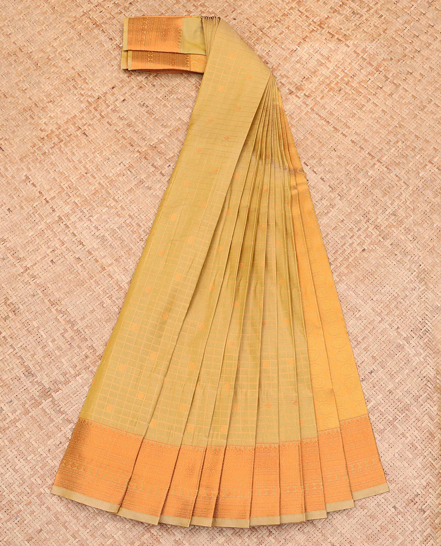 Green Budget Silk Saree, Sparsely Woven with Zari Buttas and Checks All Over Its Body, Highlighted by a Traditional Zari Design Border, Sparsely Woven Pallu, and Paired with a Matching Blouse - Image 2