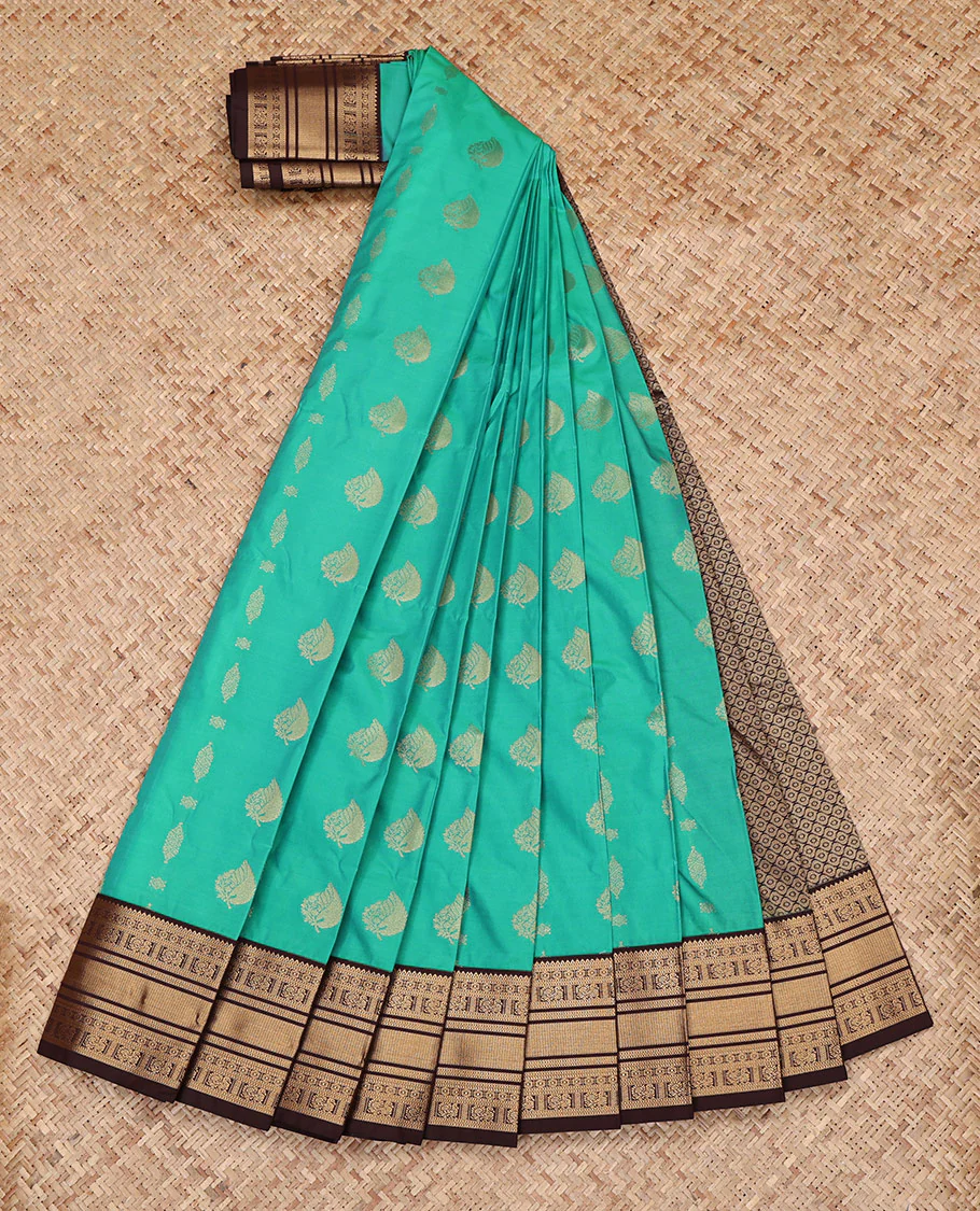 Green Budget Silk Saree, Spotlighted with Leaf Zari Buttas All Over Its Body, Complemented by a Contrast Traditional Zari Design Border, Grand Pallu, and Paired with a Contrast Blouse - Image 2