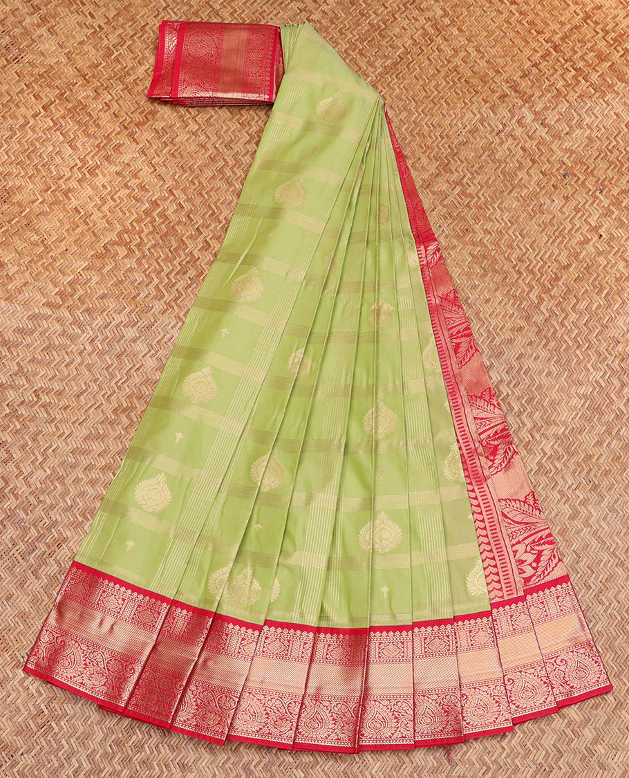 Green Budget Silk Saree, Spotlighted with Zari Butta Enclosed Checks, Complemented by a Contrast Traditional Design Border, Intricate Pallu, and a Contrast Blouse - Image 2
