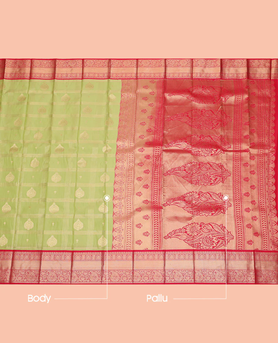 Green Budget Silk Saree, Spotlighted with Zari Butta Enclosed Checks, Complemented by a Contrast Traditional Design Border, Intricate Pallu, and a Contrast Blouse - Image 3