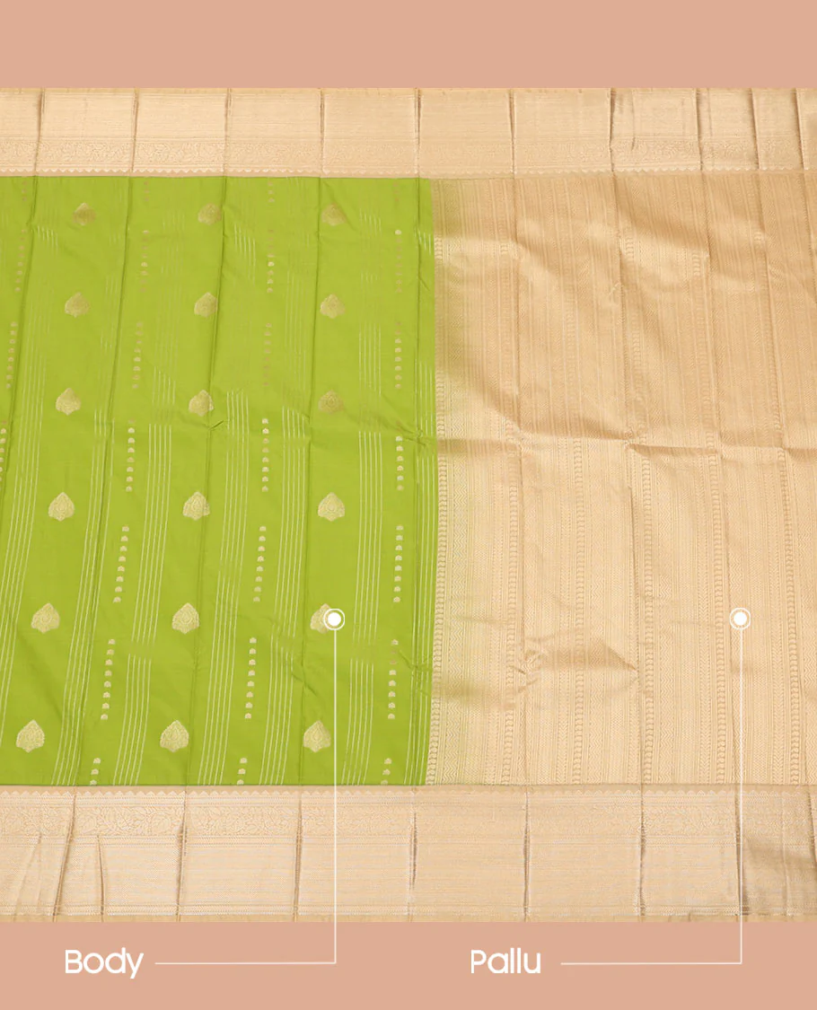 Green Budget Silk Saree, Spotlighted with Zari Buttas and Zari Stripes All Over Its Body, Complemented by a Contrast Traditional Zari Design Woven Border, Geometric Patterned Pallu, and Paired with a Contrast Blouse - Image 3