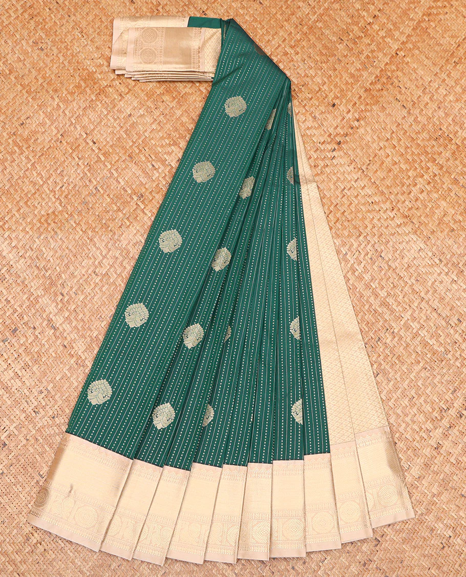 Green Budget Silk Saree, Steeped with Zari Buttas All Over Its Body, Complemented by Captivating Contrast Border of Traditional Zari Designs, Grand Jaal Pallu and Paired with a Contrast Blouse - Image 2