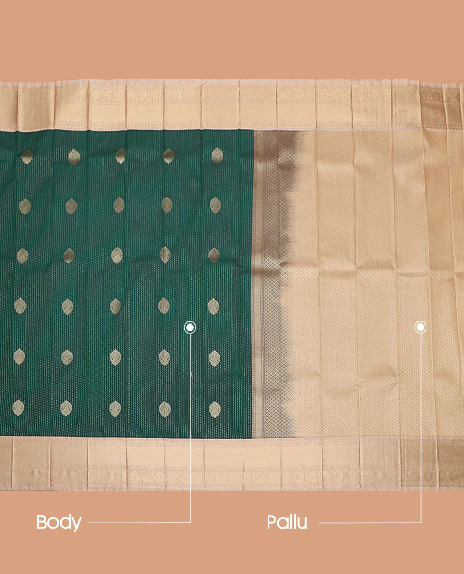 Green Budget Silk Saree, Steeped with Zari Buttas All Over Its Body, Complemented by Captivating Contrast Border of Traditional Zari Designs, Grand Jaal Pallu and Paired with a Contrast Blouse - Image 3