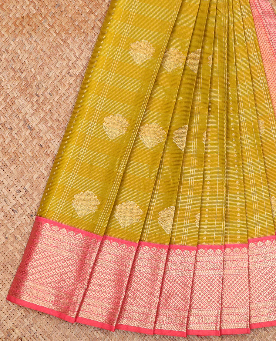 Green Budget Silk Saree, Styled with Zari Buttas on Its Body, Complemented by a Contrast Traditional Zari Design Border, Grand Jaal Pallu, and Paired with a Contrast Blouse