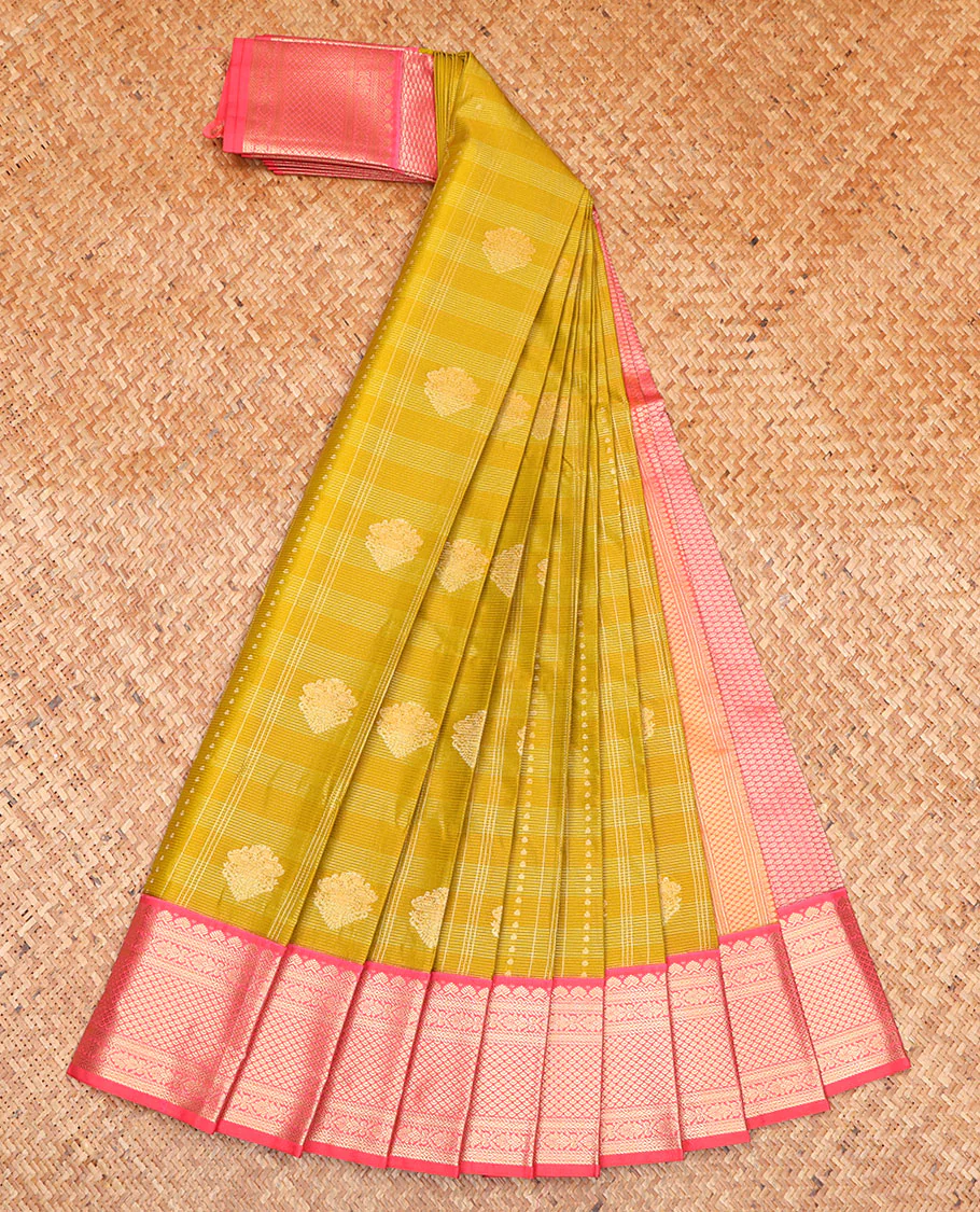 Green Budget Silk Saree, Styled with Zari Buttas on Its Body, Complemented by a Contrast Traditional Zari Design Border, Grand Jaal Pallu, and Paired with a Contrast Blouse - Image 2