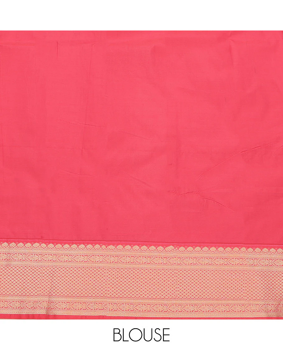 Green Budget Silk Saree, Styled with Zari Buttas on Its Body, Complemented by a Contrast Traditional Zari Design Border, Grand Jaal Pallu, and Paired with a Contrast Blouse - Image 4