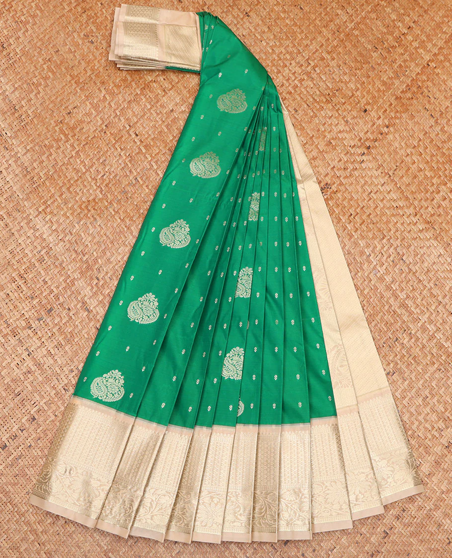 Green Budget Silk Saree, Styled with Zari Buttas on Its Body, Complemented by a Contrast Traditional Zari Design Border, Pallu of Paisley and Strip Designs, and Paired with a Contrast Blouse - Image 2