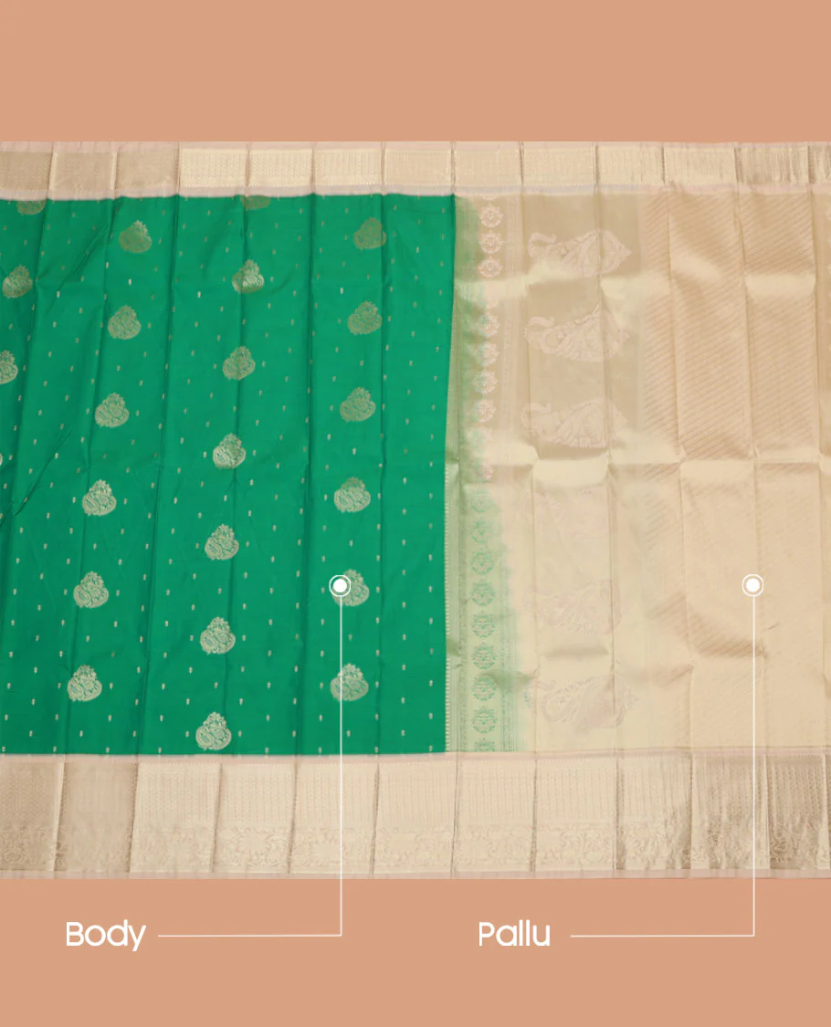 Green Budget Silk Saree, Styled with Zari Buttas on Its Body, Complemented by a Contrast Traditional Zari Design Border, Pallu of Paisley and Strip Designs, and Paired with a Contrast Blouse - Image 3