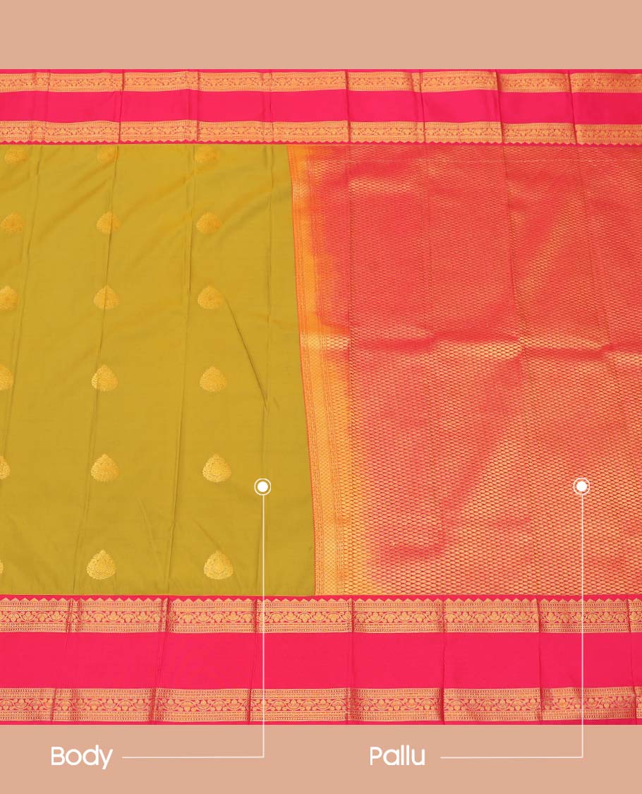 Green Budget Silk Saree, Subtly Enriched with Zari Buttas All Over Its Body, Complemented by a Contrast Traditional Zari Design Rettai Pettu Border, Grand Jaal Pallu, and Paired with a Contrast Blouse - Image 3