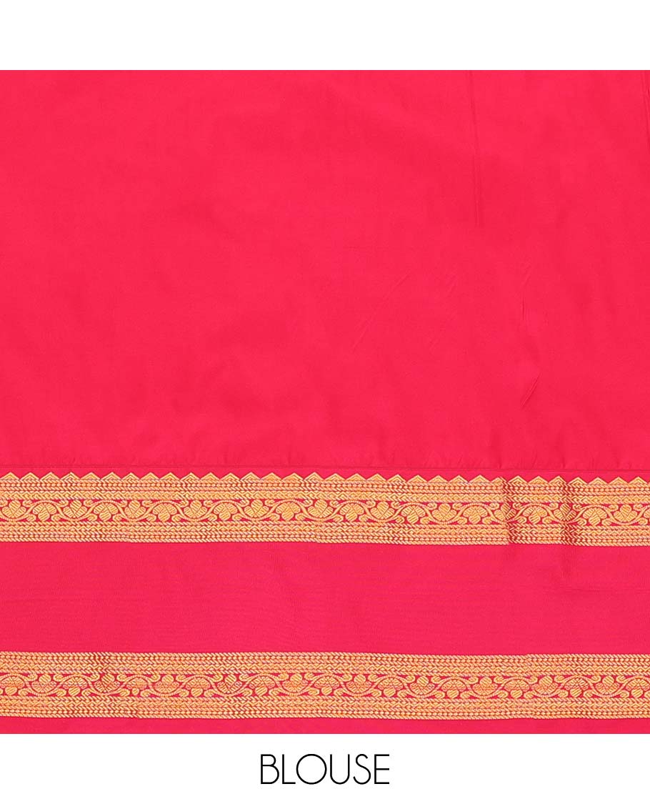Green Budget Silk Saree, Subtly Enriched with Zari Buttas All Over Its Body, Complemented by a Contrast Traditional Zari Design Rettai Pettu Border, Grand Jaal Pallu, and Paired with a Contrast Blouse - Image 4