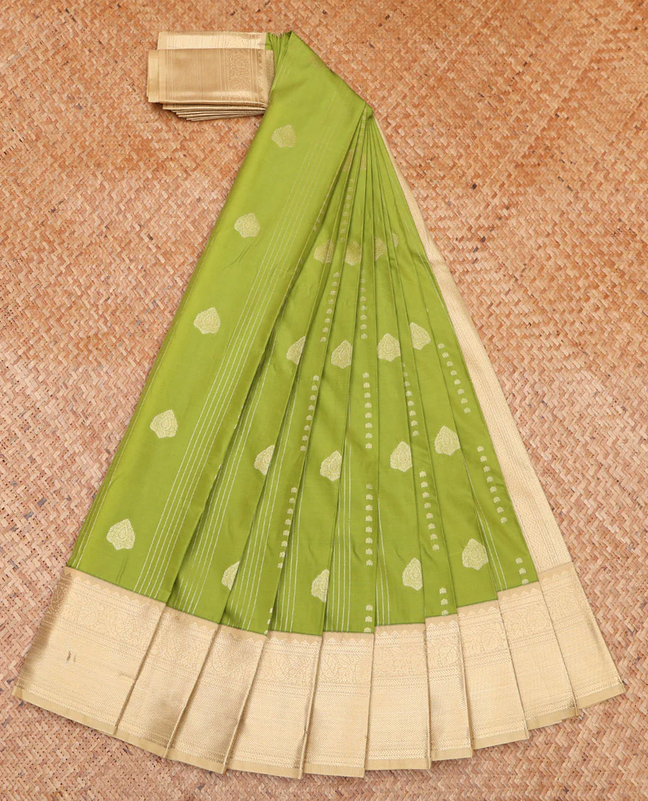 Green Budget Silk Saree, Subtly Enriched with Zari Buttas on Its Body, Complemented by a Contrast Traditional Zari Design Border, Geometric-Patterned Pallu, and Paired with a Contrast Blouse - Image 2