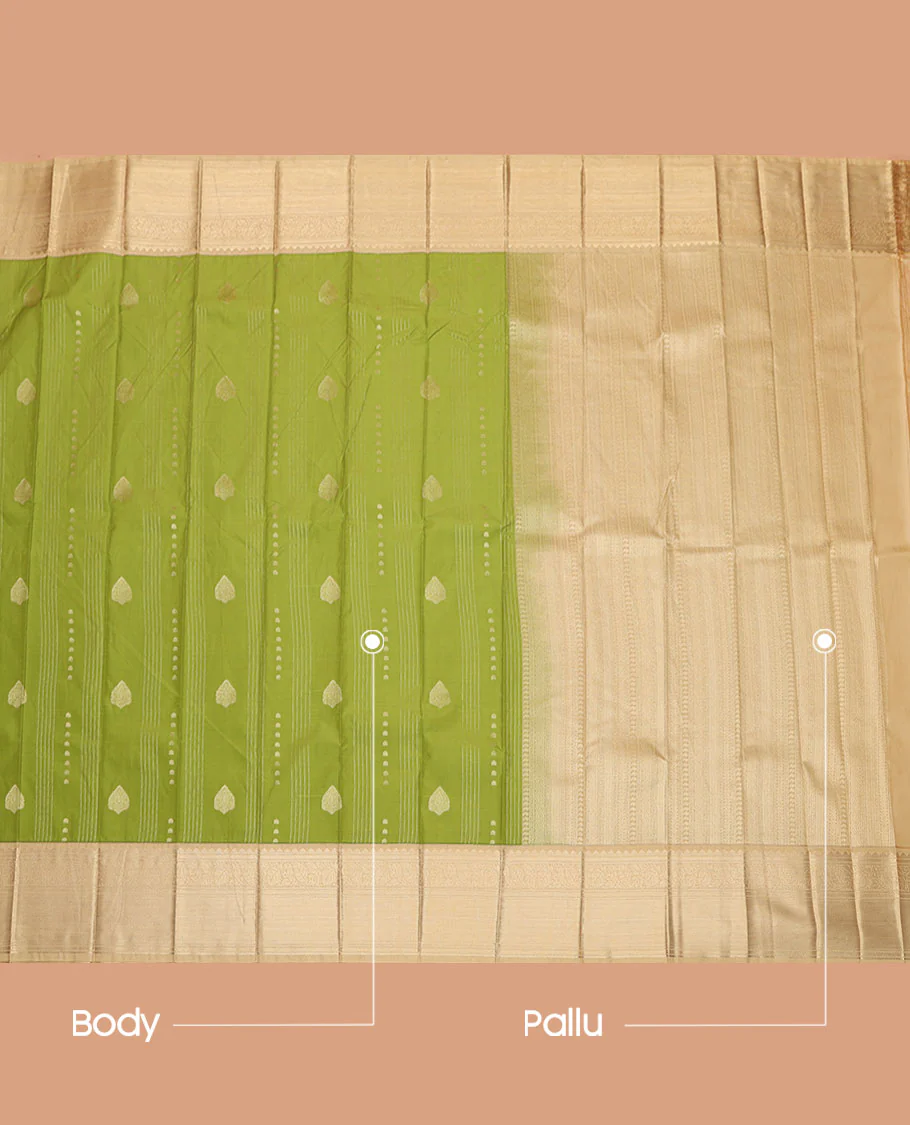 Green Budget Silk Saree, Subtly Enriched with Zari Buttas on Its Body, Complemented by a Contrast Traditional Zari Design Border, Geometric-Patterned Pallu, and Paired with a Contrast Blouse - Image 3