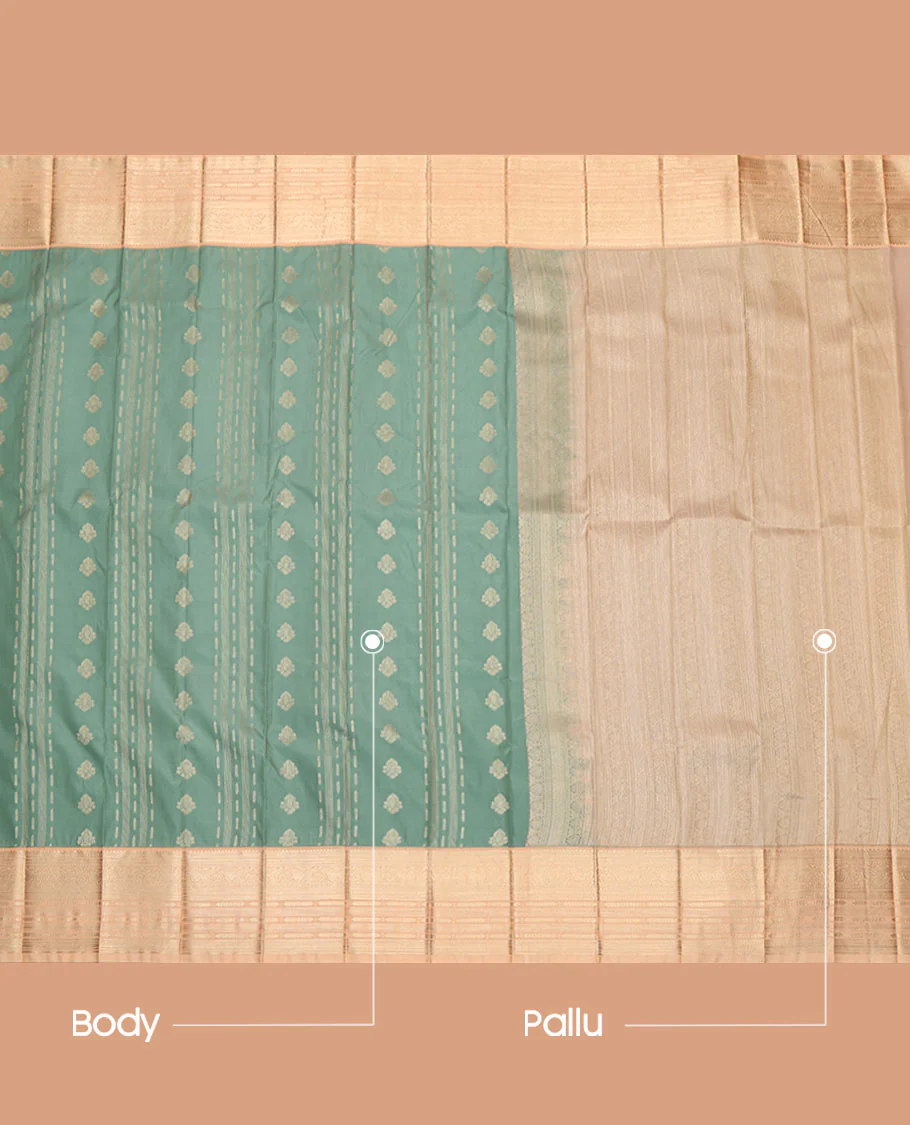 Green Budget Silk Saree, Woven with Zari Buttas All Over Its Body, Complemented by a Contrast Traditional Zari Border, Intricately Designed Pallu, and Paired with a Contrast Blouse - Image 3