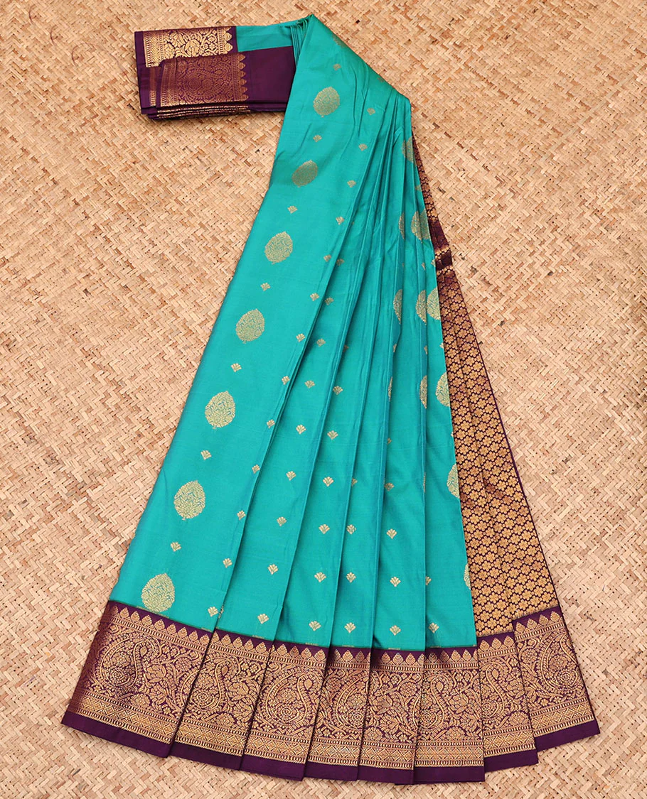 Green Budget Silk Saree, Woven with Zari Buttas All Over Its Body, Complemented by a Contrast Traditional Zari Design Border, Grand Pallu, and Paired with a Contrast Blouse - Image 2