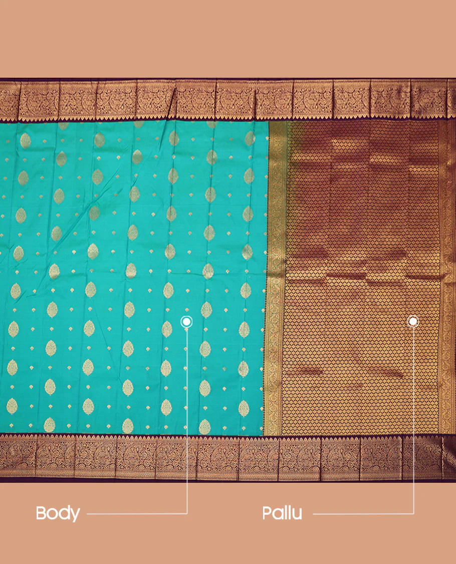 Green Budget Silk Saree, Woven with Zari Buttas All Over Its Body, Complemented by a Contrast Traditional Zari Design Border, Grand Pallu, and Paired with a Contrast Blouse - Image 3