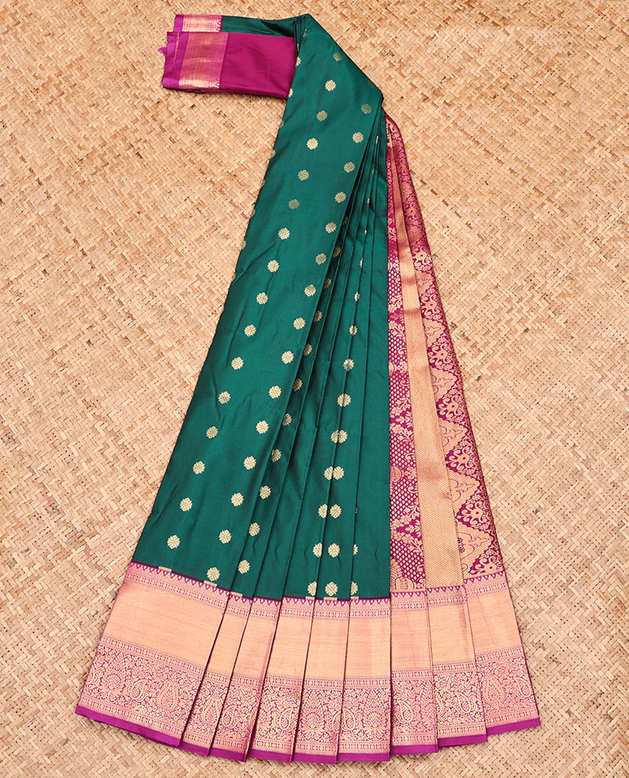 Green Budget Silk Saree, Woven with Zari Buttas, Captivating Contrast Traditional Zari Design Border, Pallu of Intricate Design, and Has a Contrast Blouse - Image 2