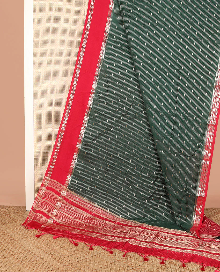 Green buttas and striped  assam silk saree, contrast traditional zari border, and pallu of zari stripes - Image 2