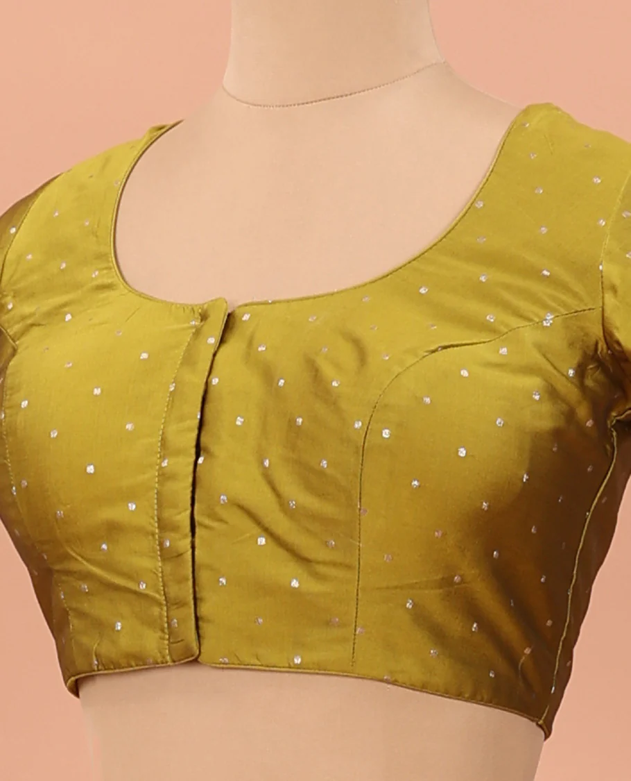 Green buttas front-back round neck elbow sleeve readymade blouse - Image 2