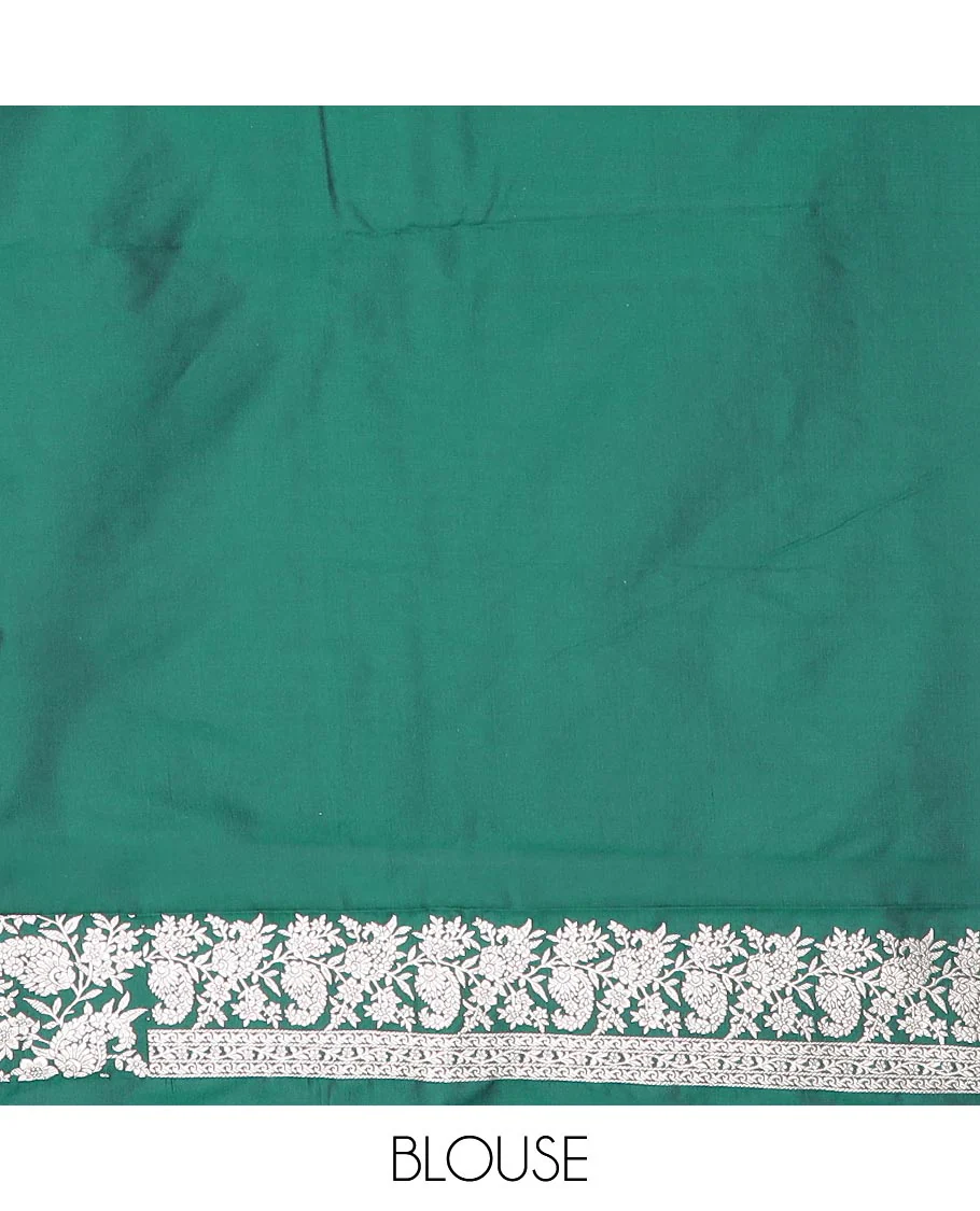 Green buttas mushru silk saree, self-border of floral-paisley creeper designs, and paisley design pallu - Image 4