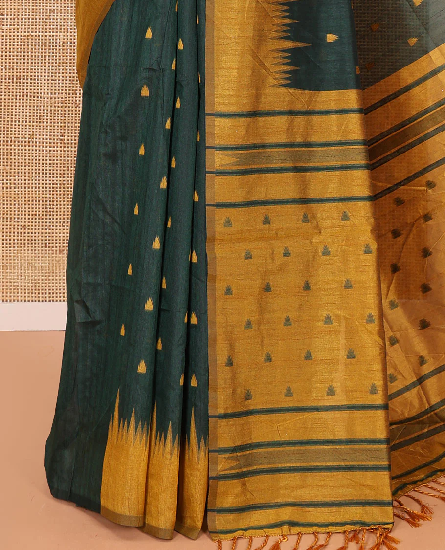 Green buttas semi-jute saree with contrast temple border, thread striped pallu, and a contrast thread buttas blouse - Image 3
