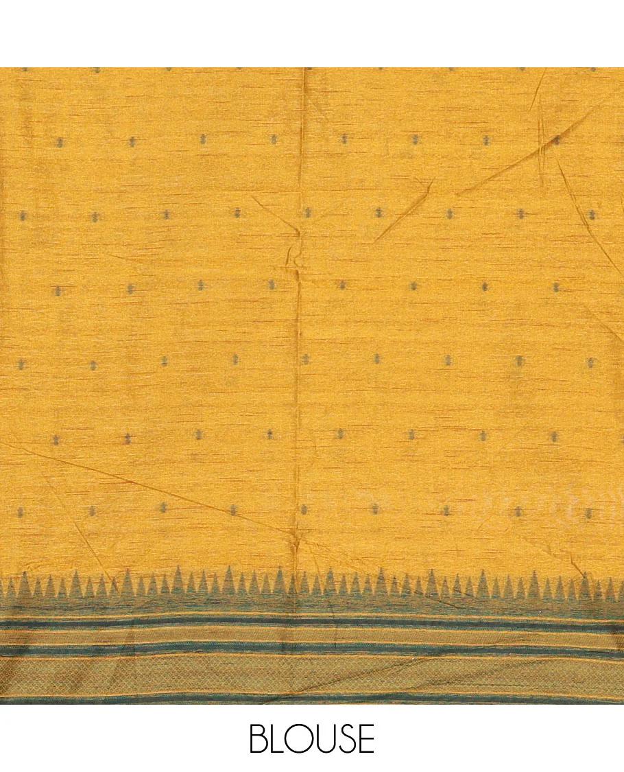 Green buttas semi-jute saree with contrast temple border, thread striped pallu, and a contrast thread buttas blouse - Image 4
