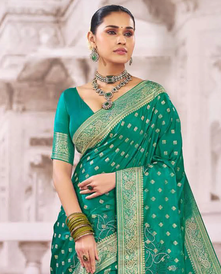 Green buttas with micro stone paisley design designer catalog saree, traditional design border, and intricate pallu - Image 2