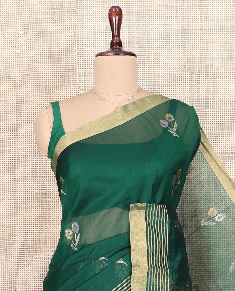 Green Chanderi Cotton Saree, Delicately Woven with Floral Buttas All Over Its Body, Highlighted by Zari Border, Pallu of Stripes, and Paired with a Matching Blouse - Image 2