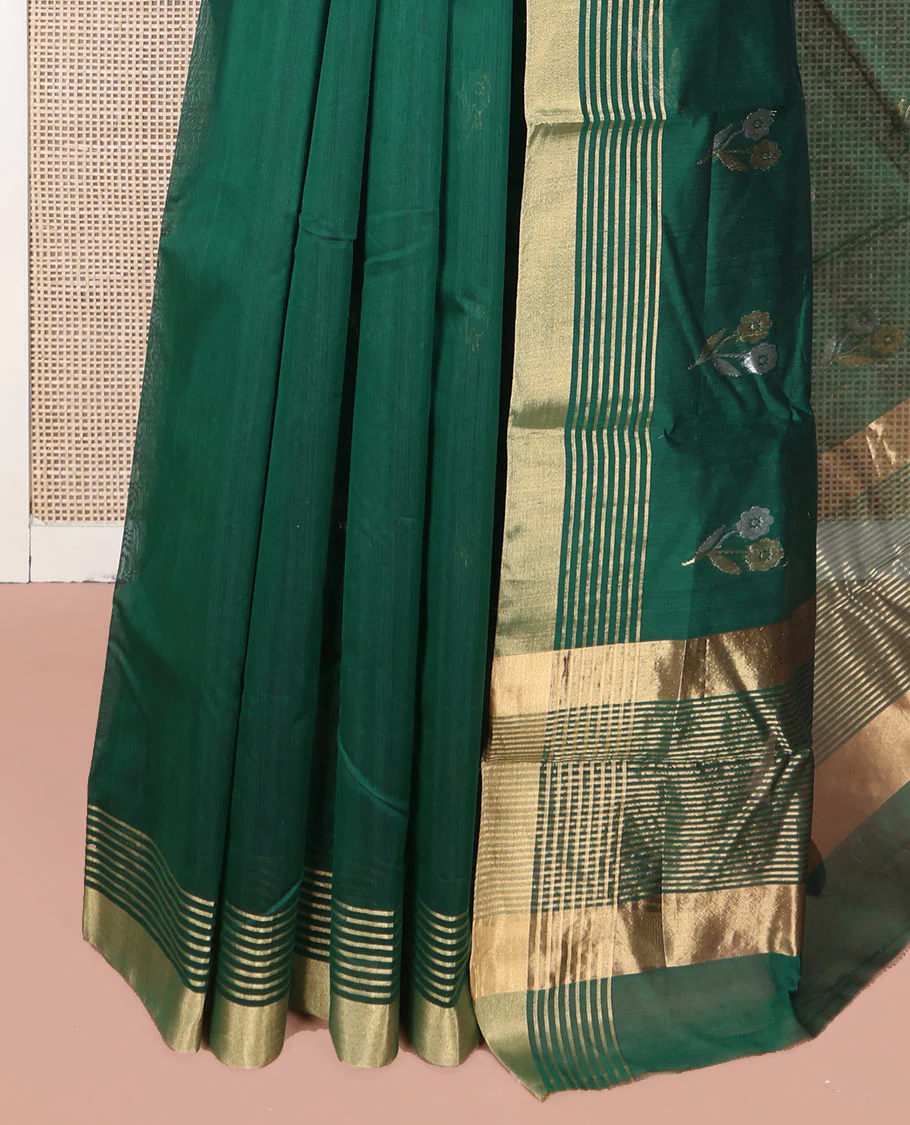Green Chanderi Cotton Saree, Delicately Woven with Floral Buttas All Over Its Body, Highlighted by Zari Border, Pallu of Stripes, and Paired with a Matching Blouse - Image 3