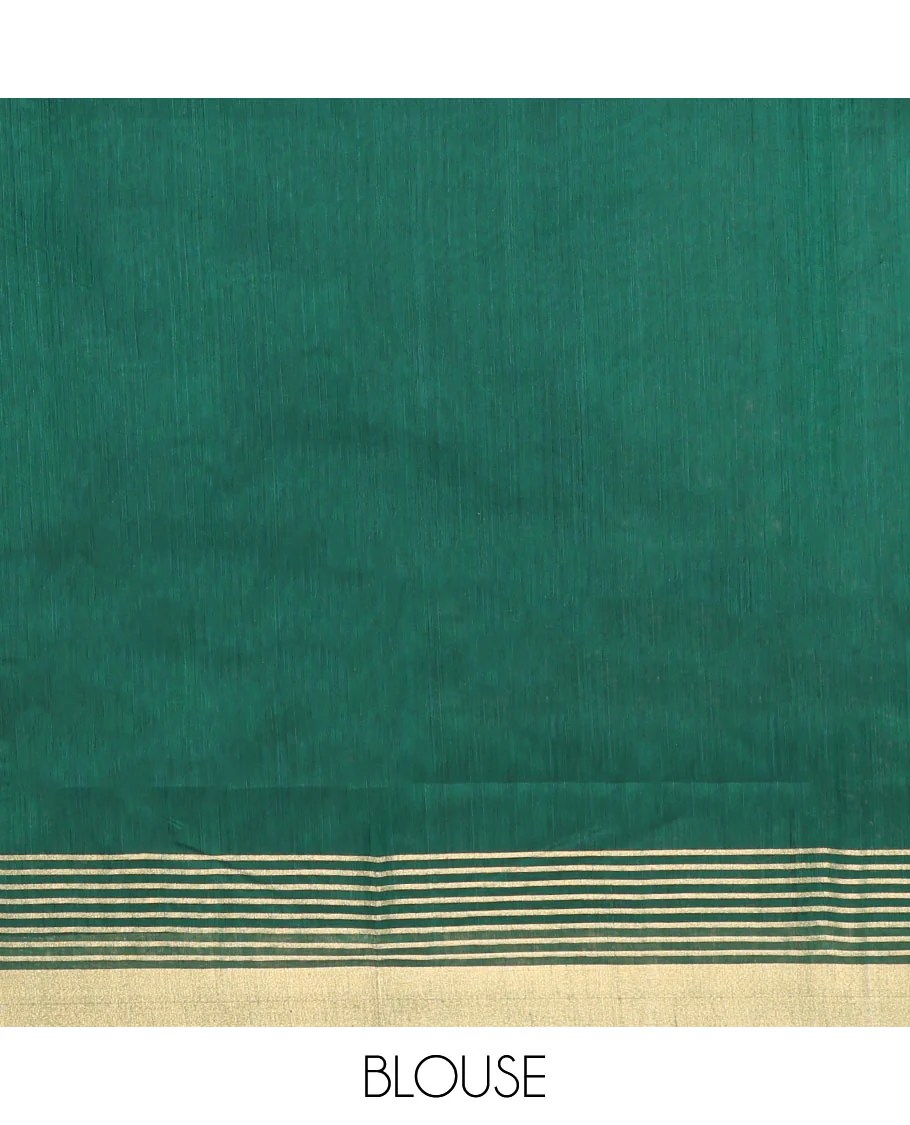 Green Chanderi Cotton Saree, Delicately Woven with Floral Buttas All Over Its Body, Highlighted by Zari Border, Pallu of Stripes, and Paired with a Matching Blouse - Image 4