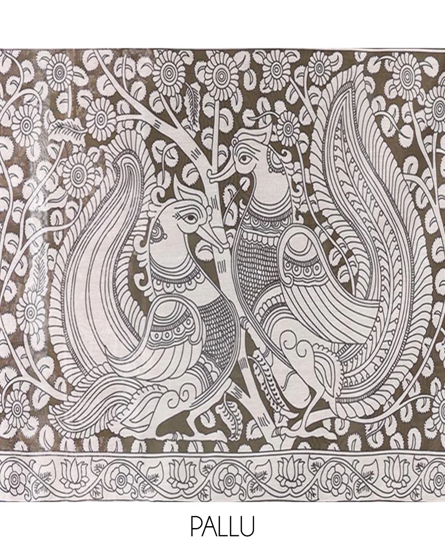 Green Chanderi Cotton Saree, Highlighted with Kalamkari-Style Ancient Human Figurines Printed on Its Body, Subtle Zari Piping Border, Pallu Depicting Kalamkari Peacocks, and Paired with a Matching Blouse - Image 3