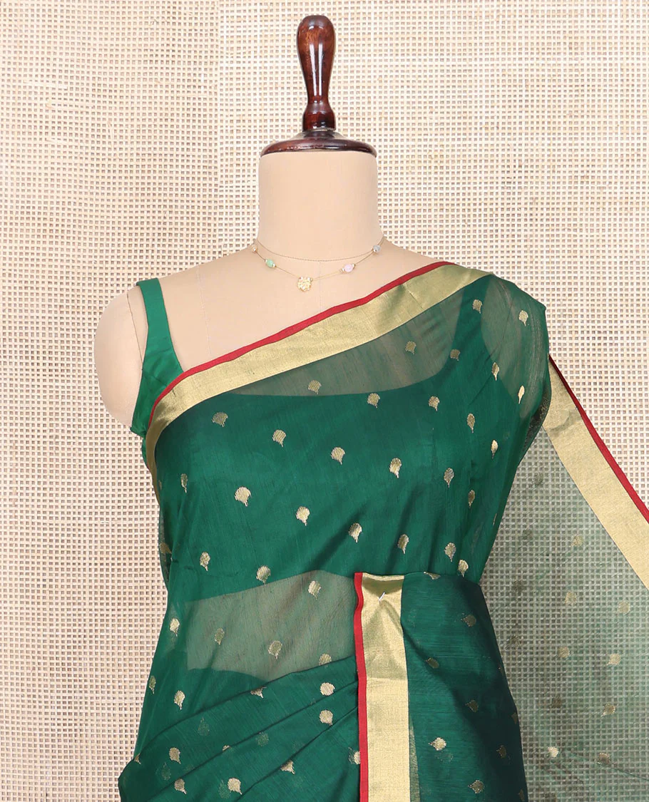 Green Chanderi Cotton Saree, Spotlighted with Zari Buttas All Over Its Body, Highlighted by Zari Border, Pallu of Floral Buttas, and Paired with a Contrast Blouse - Image 2