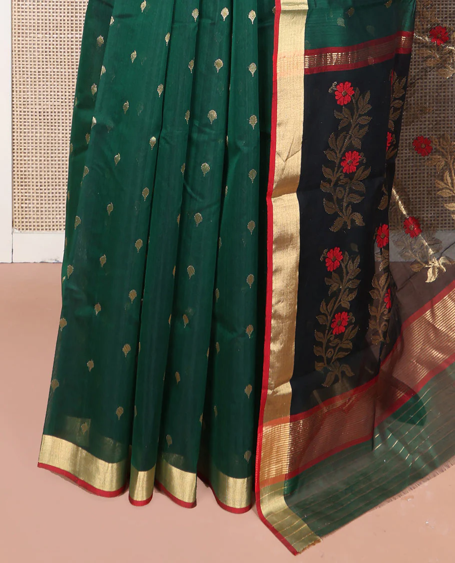 Green Chanderi Cotton Saree, Spotlighted with Zari Buttas All Over Its Body, Highlighted by Zari Border, Pallu of Floral Buttas, and Paired with a Contrast Blouse - Image 3